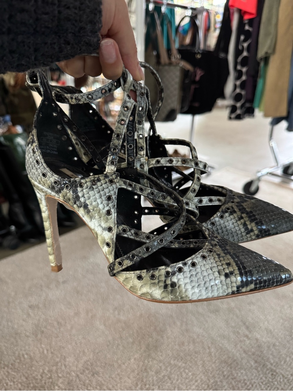 Zara Black and Cream Snakeskin Studded Strappy Heels